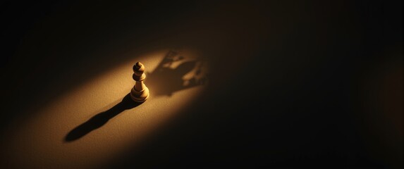 Obraz premium Illumination of a chess pawn with a shadow resembling a corona or crown, symbolizing leadership and teamwork confidence