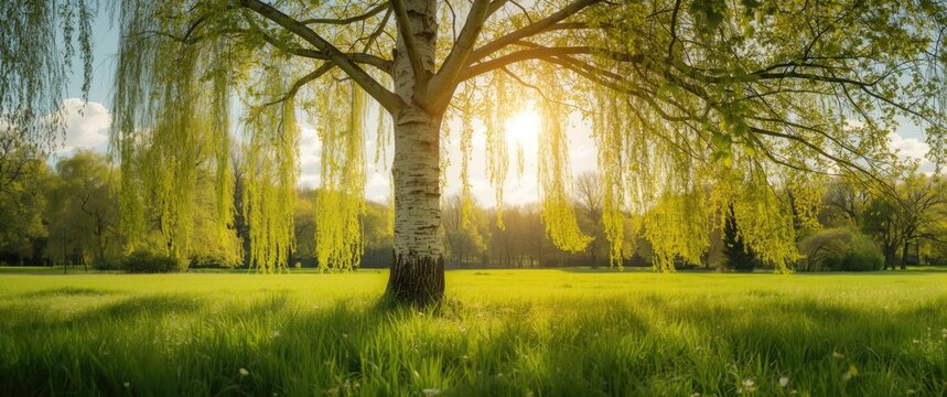 A spring scene with a big tree in a vibrant green meadow and fresh green leaves on a birch tree in the park