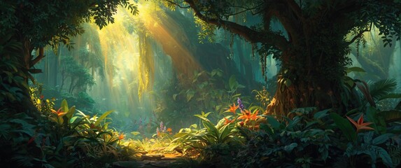 Naklejka premium Magical jungle scene with sunbeams, beautifully rendered digital painting backdrop