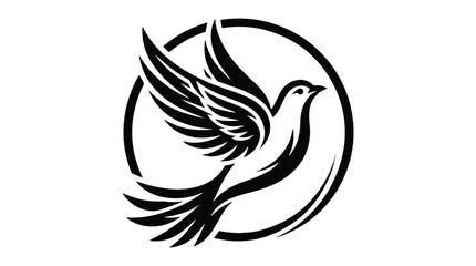 A stylized bird, possibly a dove or a swallow, in mid-flight. The bird is depicted in a circular motion, with its wings spread out, showcasing detailed feather patterns .