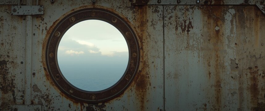 Old ferry boat featuring a vintage circular porthole or window frame with blank space on rusted steel wall