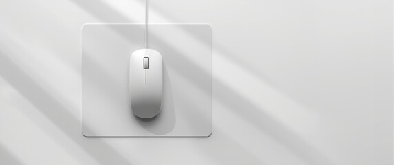 Modern wired optical mouse and pad displayed on white background, top-down view