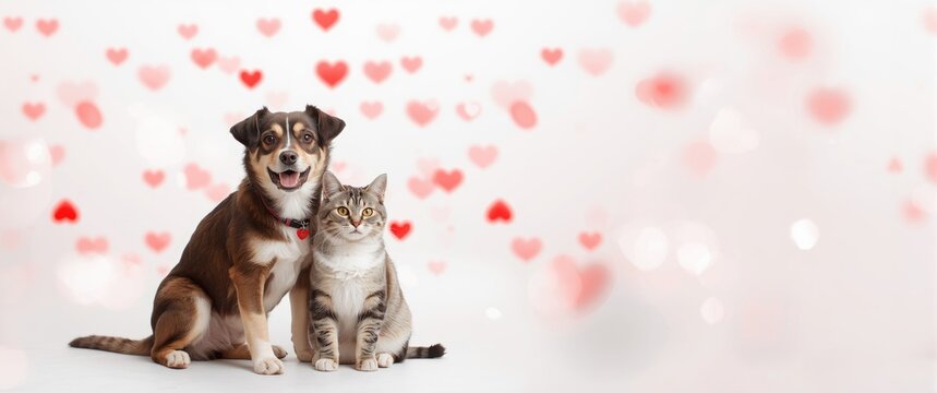 Cute cat and dog featured on a horizontal banner or social media header with red and pink Valentine's Day hearts