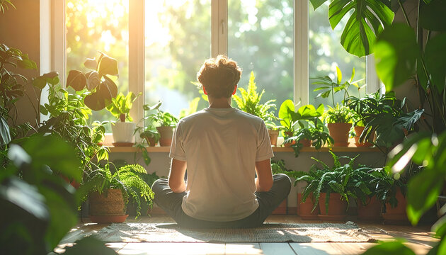 Man meditating in a sunlit room surrounded by lush green plants and large windows.