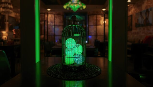 Decorative fireballs enclosed in a cage serving as a restaurant ornament, focusing on visual impact