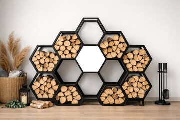 Decorative firewood rack featuring honeycomb style cells with copy space for text or design