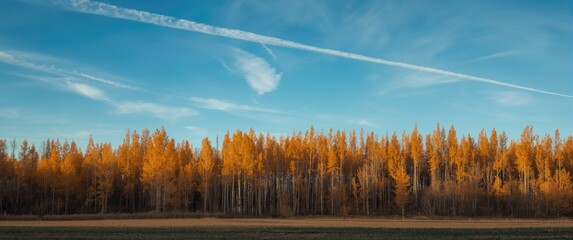 Naklejka premium Idyllic countryside with golden birch trees and a field under a bright blue sky, cirrus clouds, and plane tracks during autumn