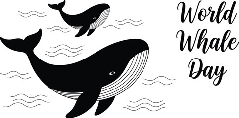 A charming illustration depicts two whales breaching ocean waves alongside the text world whale day celebrating marine life high quality professional © GK390