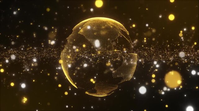 Golden Globe Animation with Sparkling Particles and Bokeh Lights on Black Background for Luxury Brand or Global Business Concept