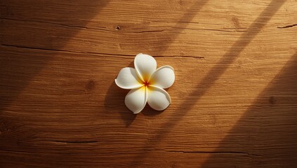 Single frangipani blossom on a rustic wooden background, suitable for floral arrangement backgrounds