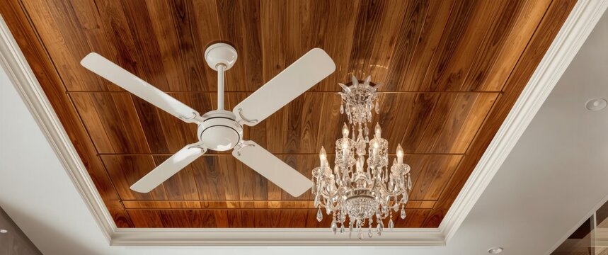 Wood-textured plastic ceiling including a white fan and chandelier at the center
