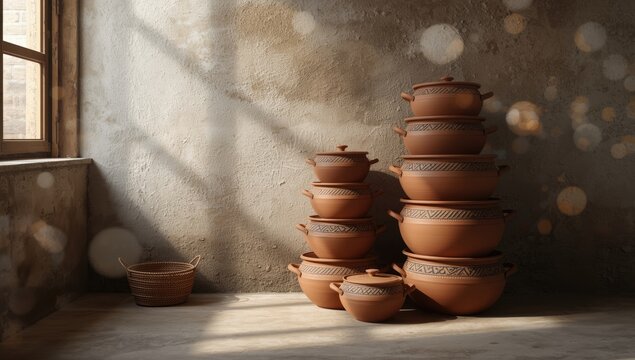 Large clay pots arranged for display or storage, emphasizing traditional craftsmanship.