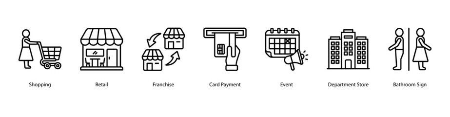 Shopping Basics web banner vector illustration featuring Shopping, Retail, Franchise, Card Payment, Event, Department Store, and Bathroom Sign.