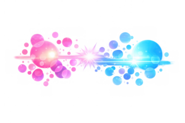 Pink and blue light spheres colliding, creating glowing energy flare burst effect with bokeh bubbles on transparent background