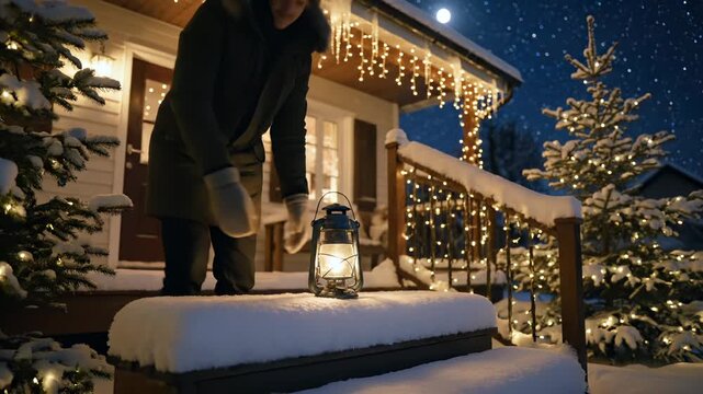 man carries lantern up porch toward house under falling snow and icicle light. snow softly coats railing and tree near door. warm light glows from window and string light along roofline and roof.