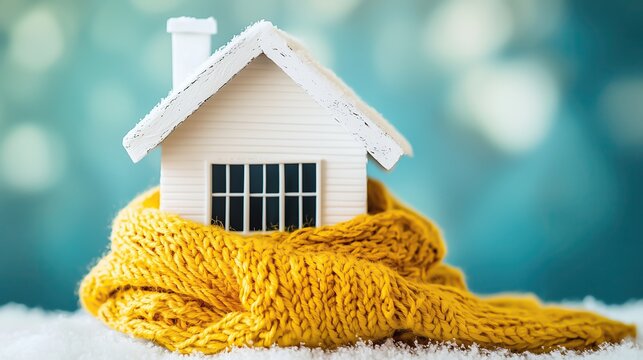A small miniature white house is wrapped snugly in a bright yellow knit scarf, symbolizing home heating, insulation, warmth, and energy efficiency against a snowy blue winter background.