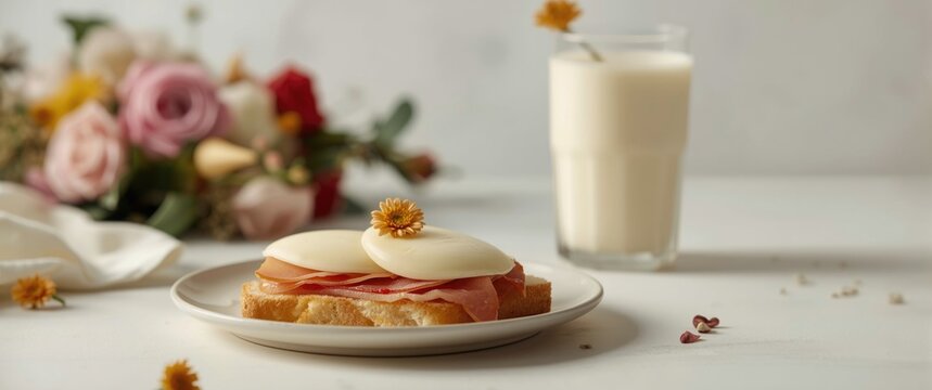 Sliced mozzarella cheese in a sandwich served with drink