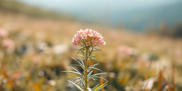 Pink Thalictrum aquilegiifolium meadow-rue with green leaves, wild alpine flowering plant, in full bloom for seasonal display