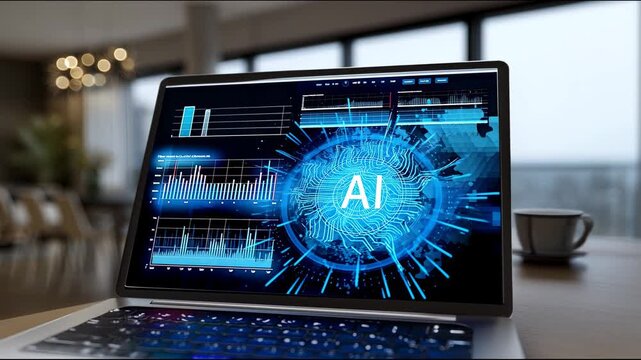 Open laptop on a table displays a blue digital interface with a glowing artificial intelligence brain symbol and data charts in a modern interior