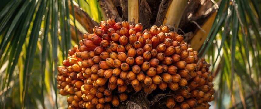 Close-up shot of oil palm fruit bunches at the oil palm tree, focused selectively