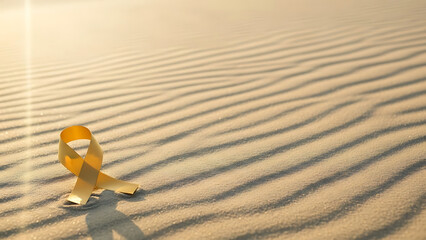 Golden ribbon on sand with wavy patterns and sunlight desert awareness support cancer hope symbol yellow beach dunes