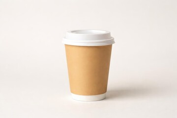 Disposable cardboard coffee cup on a plain neutral background