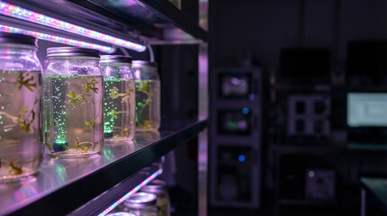 Obraz premium Laboratory: High-Tech Marine Laboratory Research Facility with Seaweed Seedlings in Glass Jars Under Artificial LED Growth Lights