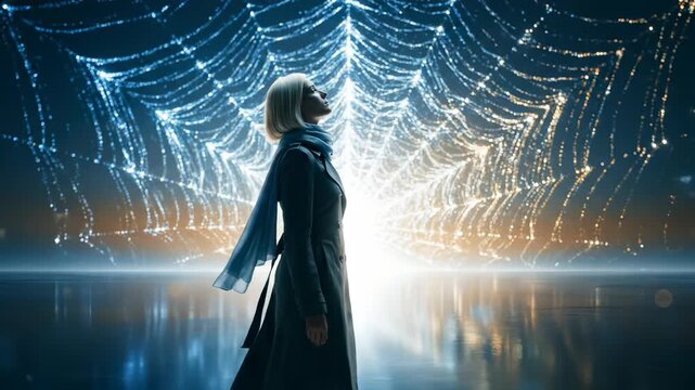 woman wearing coat and headset stands before web and network of light. silhouette reflects on floor and reflection creates futuristic technology tableau. digital structure frames figure. glow.