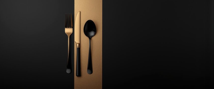 Stylish black and gold cutlery on a colorful block background. Moody and dark ambiance, perfect for luxury dining, flat-lay top view with copy space.