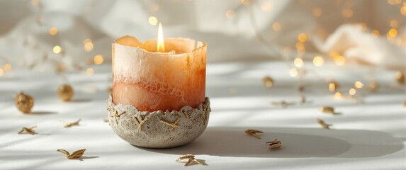 Beautiful wax and concrete candle with gilding against a clean backdrop for holiday season
