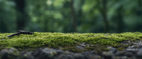 Macro shot of lively green moss covering a stone, with a softly blurred forest backdrop highlighting the moss texture and lush surroundings