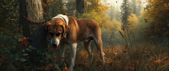Melancholy dog secured to a post among lush foliage