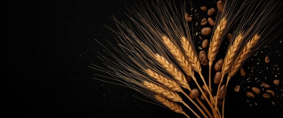 Fototapeta premium Wheat ears and grain berries against a black background with copy space, featuring texture, food, nature, gold accents, autumn theme, and concept design