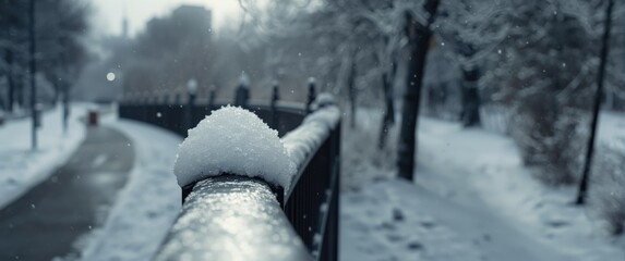 Naklejka premium Metal fence covered in fresh snow during winter season