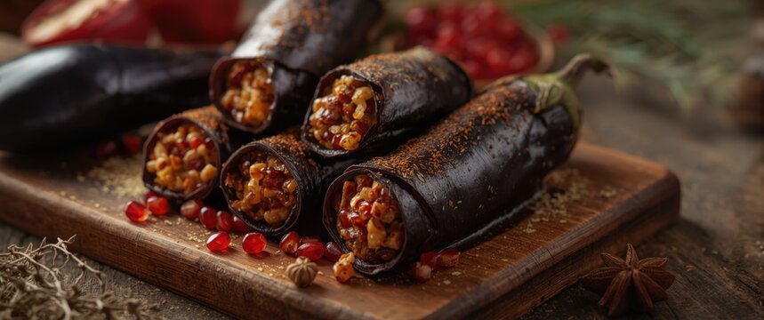 Eggplant rolls with nut filling and spices in Georgian cuisine, displayed on a wooden table, horizontal orientation, no people