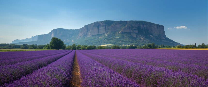 Ardeche's purple lavender fields with limestone cliffs in the background during summer, nature and landscape scene