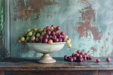 Naklejka premium Red and green grapes overflowing a ceramic bowl on a rustic wooden table against a distressed teal background, creating a still life composition