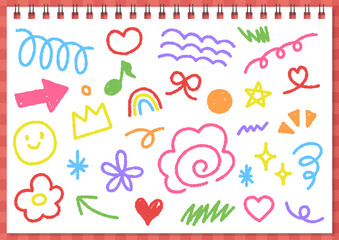 幼稚園児 幼児 保育園児など子供が楽しく画用紙にクレヨンで描いたような落書き風イラスト素材 ポップでかわいいお絵描き背景