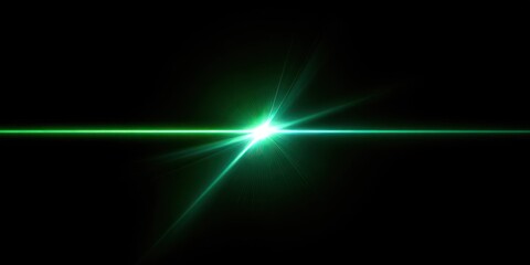 A bright green light emanating from a central point, radiating lines and a horizontal beam against black