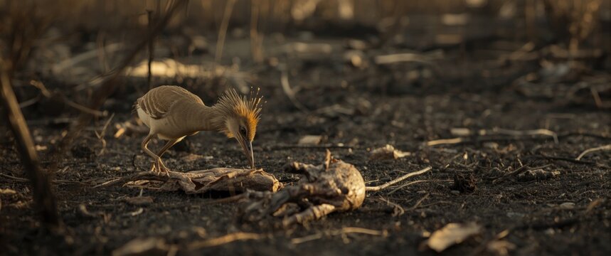 Cariama cristata hunting dead Animals in Brazilian cerrado field post-fire by wild seriema