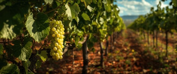 Naklejka premium Cluster of white grapes amid grape leaves in G mar vineyard, Tenerife, Canary Islands, Spain, Marmajuelo or Bermejuela grape type