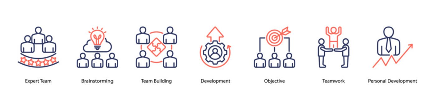 Team Development web banner vector illustration featuring Expert Team, Brainstorming, Team Building, Development, Objective, Teamwork, and Personal Development.