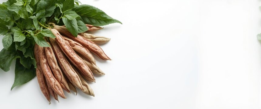 Borlotti beans with foliage displayed on a white backdrop