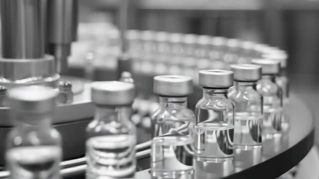 A collection of empty glass vials ready for filling at a manufacturing facility.