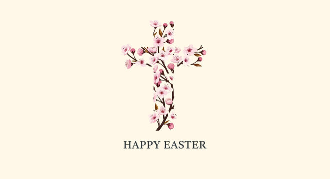 Easter cross with pink cherry blossoms on cream background with happy easter text