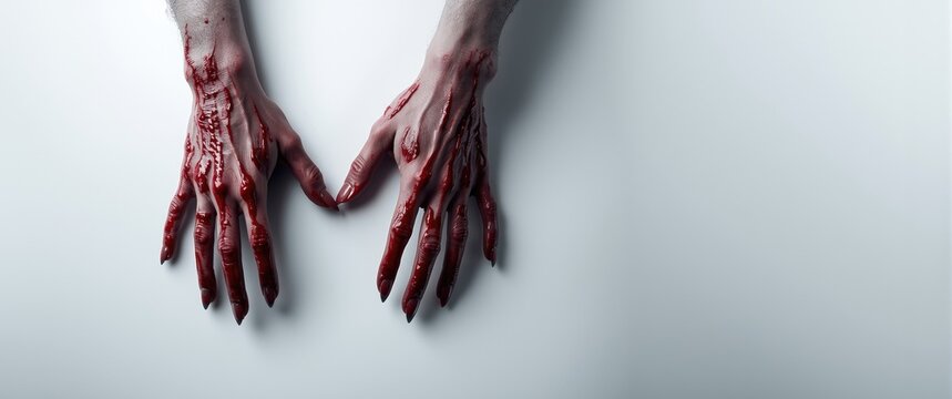 White background with bloody hands, zombie, demon, and maniac, depicting isolated individuals for Halloween themed art and photography