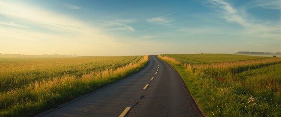 Obraz premium Travel scene featuring countryside road, sky, land, and agricultural plants