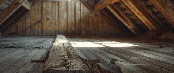 Obraz premium Support construction in attic featuring a weak wooden floor beam