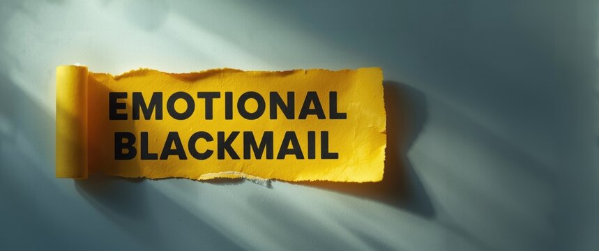 Image of torn yellow paper labeled 'Emotional Blackmail,' highlighting manipulation through exploiting emotions to influence actions and induce guilt