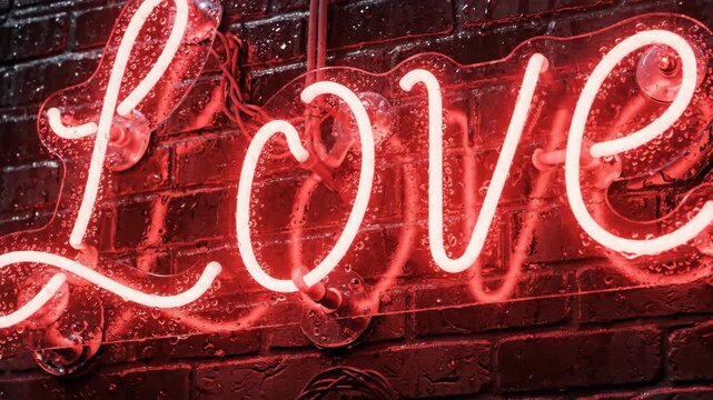 Red neon Love sign glowing on a wet dark brick wall at night. Illuminated cursive text with rain droplets. Romantic concept for Valentine's Day background